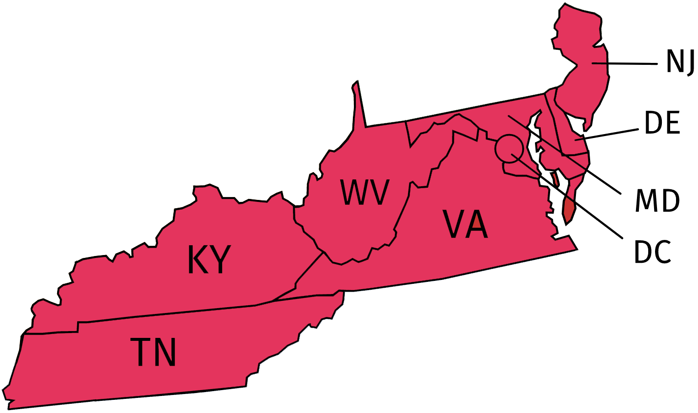 Mid-Atlantic Division map of KY, TN, WV, VA, DC, MD, DE, NJ