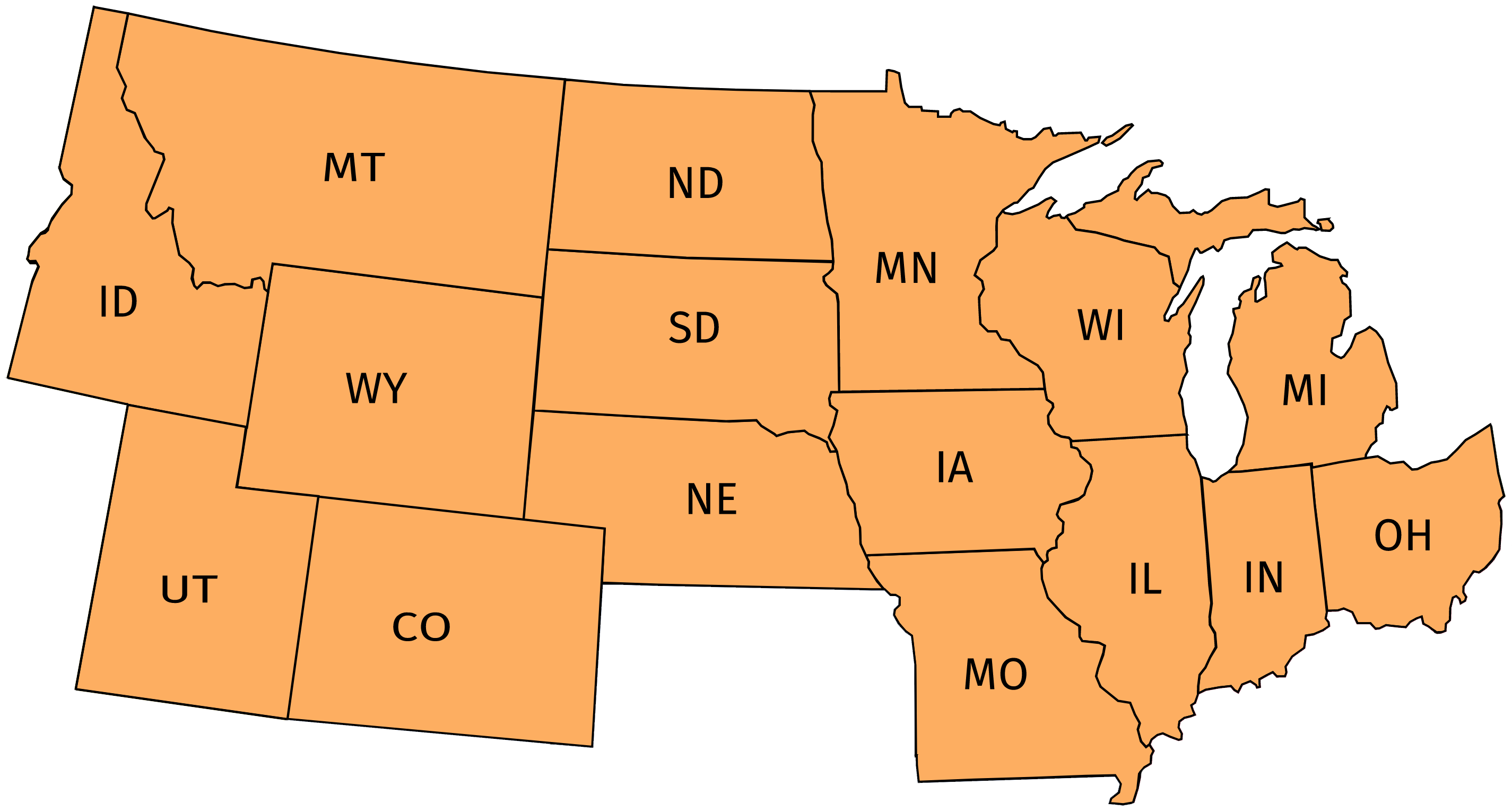 Midwestern Division map of ID, MT, WY, UT, CO, ND, SD, NE, MN, IA, MO, WI, IL, IN, MI, OH