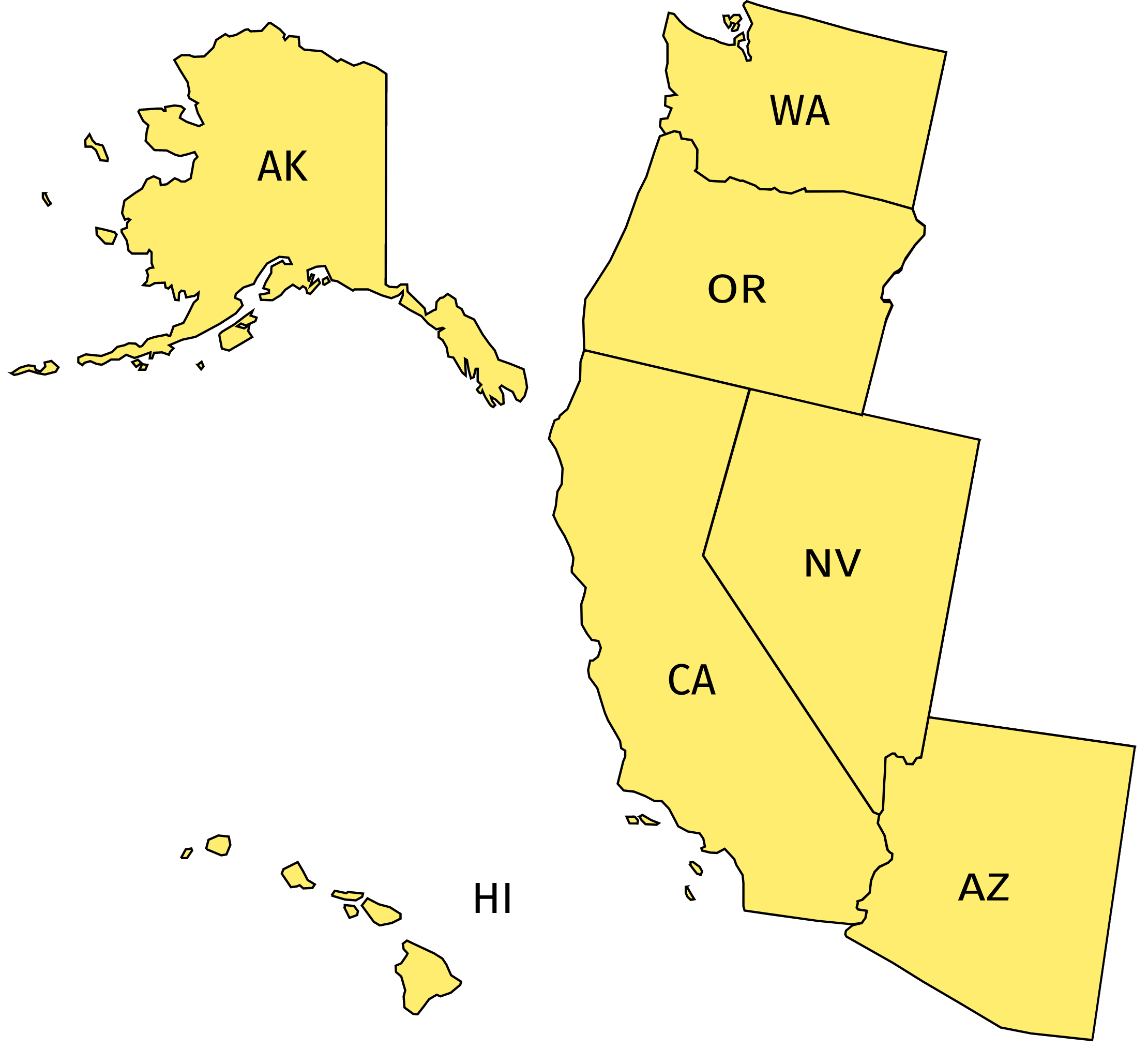 Western Division map of AK, WA, OR, HI, CA, NV, AZ